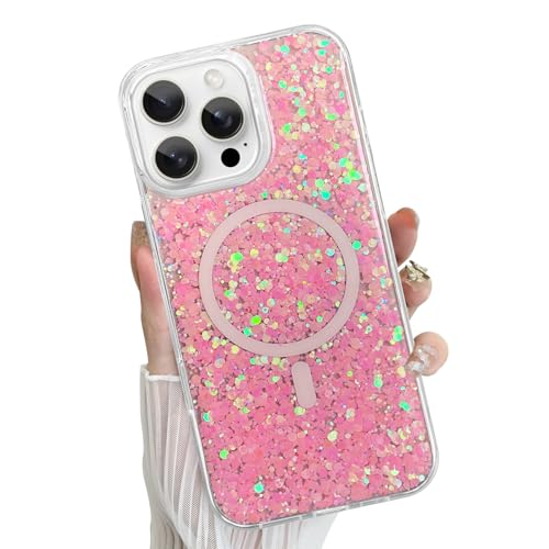 Fiyart Magnetische Schutzhülle für iPhone 16 Pro Max [kompatibel mit MagSafe], niedliches modisches Glitzer-Design, weiches TPU, schlank, stoßfest, transparent, für Damen und Mädchen, Rosa von Fiyart