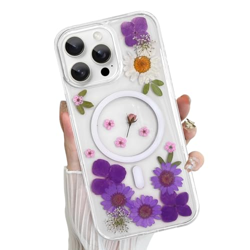 Fiyart Magnetische Schutzhülle für iPhone 16 Pro Max [kompatibel mit MagSafe], niedliches modisches Glitzer-Violett-Blumendesign, weiches TPU, schlank, stoßfest, transparent, für Damen und Mädchen von Fiyart