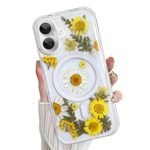 Fiyart Magnetische Schutzhülle für iPhone 16 [kompatibel mit MagSafe], niedliches modisches Glitzer-Blumendesign, weiches TPU, schlank, stoßfest, transparent, für Damen und Mädchen, Gänseblümchen von Fiyart