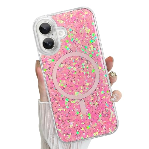 Fiyart Magnetische Schutzhülle für iPhone 16 [kompatibel mit MagSafe], niedliches modisches Glitzer-Design, weiches TPU, schlank, stoßfest, transparent, für Damen und Mädchen, Rosa von Fiyart
