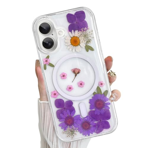 Fiyart Magnetische Schutzhülle für iPhone 16 [kompatibel mit MagSafe], niedliches modisches Glitzer-Violett-Blumendesign, weiches TPU, schlank, stoßfest, transparent, für Damen und Mädchen, lila Blume von Fiyart