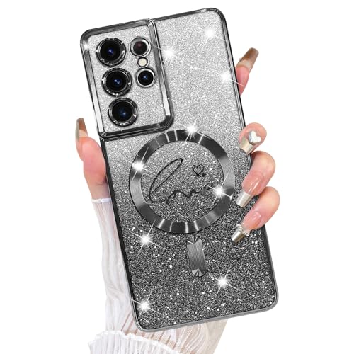 Fiyart Schutzhülle für Samsung Galaxy S21 Ultra, kompatibel mit MagSafe Love Heart Plating Kameraschutz, transparent, magnetisch, Glitzer, für Damen und Mädchen, stoßfeste Handyhülle, 17,3 cm, Schwarz Fiyart Schutzhülle für Samsung Galaxy S21 Ultra, kompatibel mit MagSafe Love Heart Plating Kameraschutz, transparent, magnetisch, Glitzer, für Damen und Mädchen, stoßfeste Handyhülle, 17,3 cm, Schwarz von Fiyart