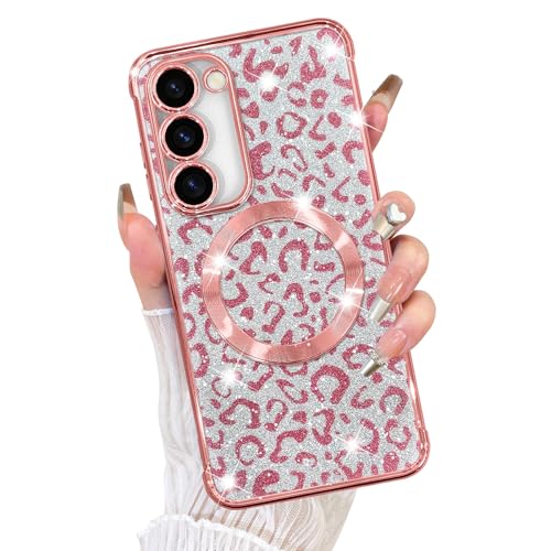Fiyart Schutzhülle für Samsung Galaxy S23, kompatibel mit MagSafe Geparden-Druck, Kameraschutz, transparent, magnetisch, Glitzer, Leopardenmuster, für Damen und Mädchen, 15,5 cm, Rosa von Fiyart