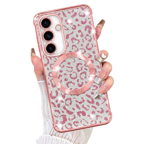 Fiyart Schutzhülle für Samsung Galaxy S23 FE, kompatibel mit MagSafe Geparden-Druck, Kameraschutz, transparent, magnetisch, Glitzer, Leopardenmuster, für Damen und Mädchen, 16,3 cm (6,4 Zoll), Rosa von Fiyart