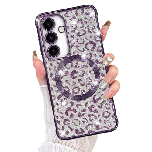 Fiyart Schutzhülle für Samsung Galaxy S23 FE, kompatibel mit MagSafe Geparden-Druck, Kameraschutz, transparent, magnetisch, Glitzer, Leopardenmuster, für Damen und Mädchen, 16,3 cm (6,4 Zoll), Violett von Fiyart