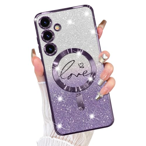 Fiyart Schutzhülle für Samsung Galaxy S23 Fe, kompatibel mit MagSafe Love Heart Plating Kameraschutz, transparent, magnetisch, Glitzer, für Damen und Mädchen, stoßfeste Handyhülle, 16,3 cm (6,4 Zoll von Fiyart