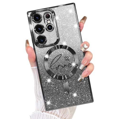 Fiyart Schutzhülle für Samsung Galaxy S23 Ultra, kompatibel mit MagSafe Love Heart Plating Kameraschutz, transparent, magnetisch, Glitzer, für Damen und Mädchen, stoßfeste Handyhülle, 17,3 cm, Schwarz von Fiyart