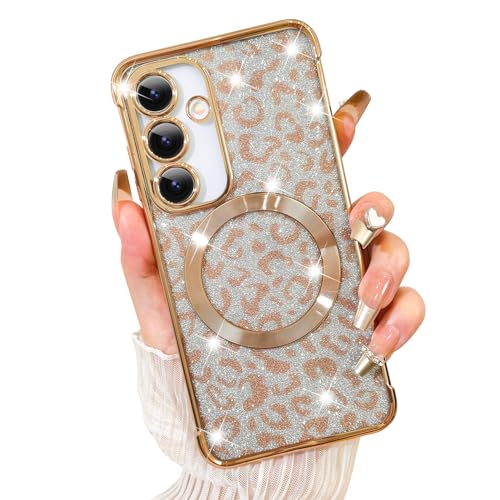 Fiyart Schutzhülle für Samsung Galaxy S24, kompatibel mit MagSafe Geparden-Druck, Kameraschutz, transparente Handyhülle, magnetischer Glitzer-Leopardenmuster für Damen und Mädchen, 15,5 cm, Gold von Fiyart