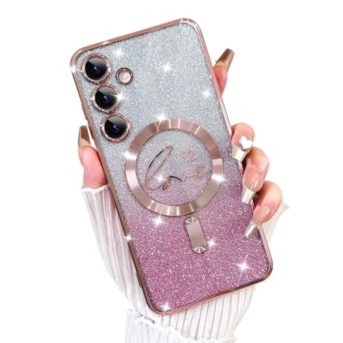 Fiyart Schutzhülle für Samsung Galaxy S24 Plus, kompatibel mit MagSafe Love Heart Plating Kameraschutz, transparente Handyhülle, magnetischer Glitzer für Damen und Mädchen, stoßfeste Hülle S24+ 17 cm, von Fiyart