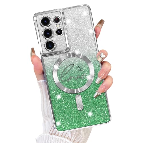 Fiyart Schutzhülle für Samsung Galaxy S24 Ultra, kompatibel mit MagSafe Love Heart Plating Kameraschutz, transparent, magnetisch, Glitzer, für Damen und Mädchen, stoßfeste Handyhülle, 17,3 cm, Grün Fiyart Schutzhülle für Samsung Galaxy S24 Ultra, kompatibel mit MagSafe Love Heart Plating Kameraschutz, transparent, magnetisch, Glitzer, für Damen und Mädchen, stoßfeste Handyhülle, 17,3 cm, Grün von Fiyart
