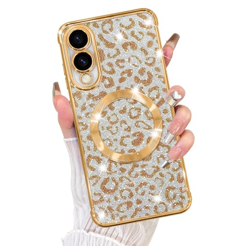 Fiyart Schutzhülle für Samsung Galaxy S25 EAGG, kompatibel mit MagSafe Geparden-Druck, Kameraschutz, transparent, magnetisch, Glitzer, Leopardenmuster, für Damen und Mädchen, 16,9 cm, Gold von Fiyart