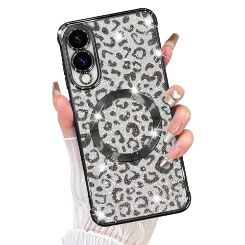 Fiyart Schutzhülle für Samsung Galaxy S25 EAGG, kompatibel mit MagSafe Geparden-Druck, Kameraschutz, transparent, magnetisch, Glitzer, Leopardenmuster, für Damen und Mädchen, 16,9 cm, Schwarz von Fiyart