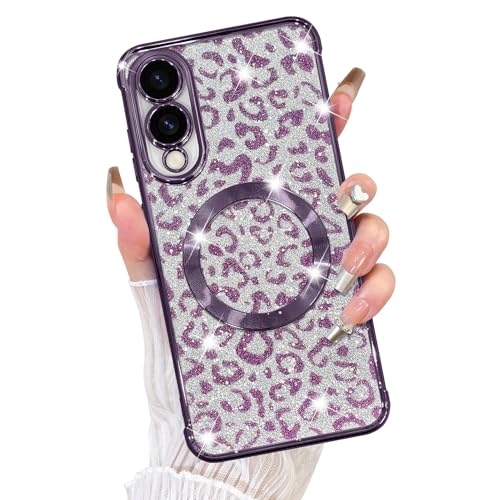 Fiyart Schutzhülle für Samsung Galaxy S25 EAGG, kompatibel mit MagSafe Geparden-Druck, Kameraschutz, transparent, magnetisch, Glitzer, Leopardenmuster, für Damen und Mädchen, 16,9 cm (6,6 Zoll von Fiyart