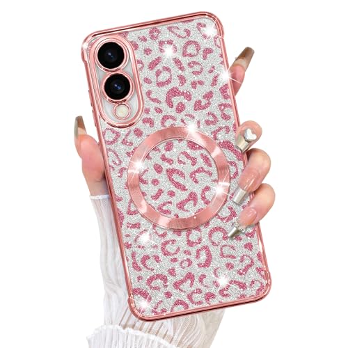 Fiyart Schutzhülle für Samsung Galaxy S25 EAGG, kompatibel mit MagSafe Geparden-Druck, Kameraschutz, transparent, magnetisch, Glitzer, Leopardenmuster, für Damen und Mädchen, 16,9 cm (6,7 Zoll), Rosa von Fiyart