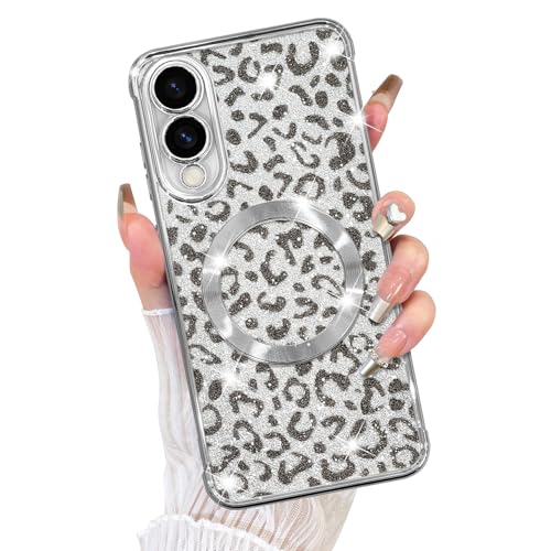 Fiyart Schutzhülle für Samsung Galaxy S25 EAGG, kompatibel mit MagSafe Geparden-Druck, Kameraschutz, transparent, magnetisch, Glitzer, Leopardenmuster, für Damen und Mädchen, 16,9 cm (6,7 Zoll von Fiyart