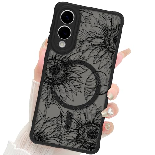 Fiyart Schutzhülle für Samsung Galaxy S25 EEge, mattes Blumendesign, kompatibel mit MagSafe, niedliche Sonnenblumen, kratzfest, durchscheinend, 17 cm (6,7 Zoll), Schwarz von Fiyart