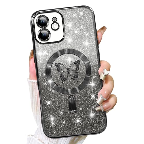 Fiyart Schutzhülle für iPhone 11, kompatibel mit MagSafe Plating Kameraschutz, Schmetterlinge, transparent, magnetischer Glitzer für Damen und Mädchen, stoßfest, 15,5 cm, Schwarz von Fiyart