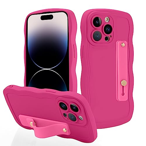 Fiyart Schutzhülle für iPhone 14 Pro Max mit Handy-Ständer, niedliches lockiges Wellenform-Muster, schlanke Kameraschutzhülle mit Handschlaufe, für Frauen und Mädchen, 17 cm, Hot Pink von Fiyart