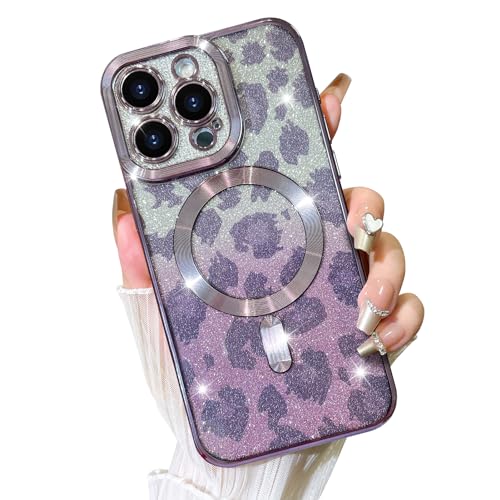 Fiyart Schutzhülle für iPhone 15 Pro Max, kompatibel mit MagSafe Geparden-Druck, Kameraschutz, transparente Handyhülle, magnetischer Glitzer-Leopardenmuster, für Damen und Mädchen, 17 cm, Violett von Fiyart