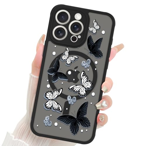 Fiyart Schutzhülle für iPhone 15 Pro Max, mattes Schmetterling-Design, kompatibel mit kabellosem MagSafe-Aufladen, niedliche, kratzfeste, durchscheinende Handyhülle für Damen, Mädchen, Herren, 17 cm, von Fiyart