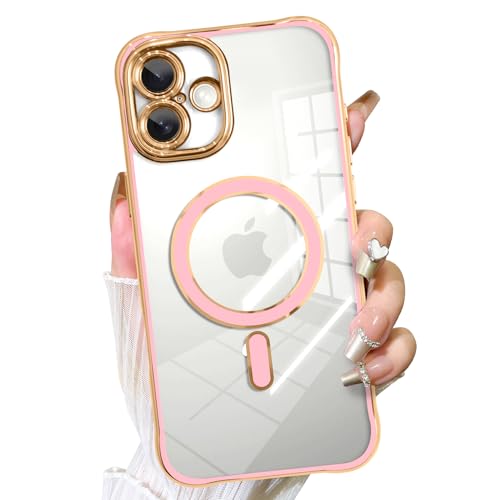 Fiyart Schutzhülle für iPhone 16 Plus, kompatibel mit MagSafe-Beschichtung, abnehmbare Objektivabdeckung, transparent, magnetisch, stoßfest, für Damen und Mädchen, 17 cm, Rosa von Fiyart