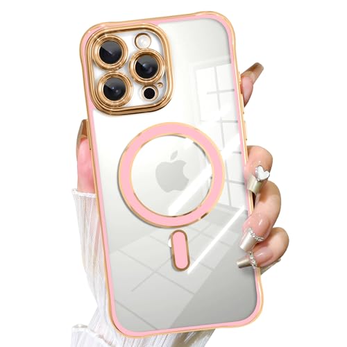 Fiyart Schutzhülle für iPhone 16 Pro, kompatibel mit MagSafe-Beschichtung, abnehmbare Objektivabdeckung, transparent, magnetisch, stoßfest, für Damen und Mädchen, 16 cm (6,3 Zoll), Rosa von Fiyart