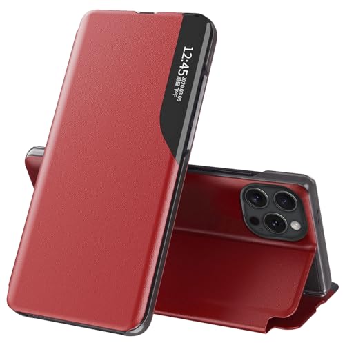 Fiyer Handyhülle für iPhone 16 Pro Max Hülle Clear View Klappbar Leder Flip Schutzhülle für iPhone 16 Pro Max Case mit Ständer 360 ​​​​Stoßfest Kratzfest Klapphülle für iPhone 16 Pro Max Hülle (Rot) von Fiyer