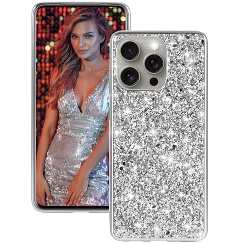 Handyhülle für iPhone 16 Pro - Glitzer Bling Sparkle Case Cover, Ultra Dünne Leichte Ganzkörper Stoßfest Anti-Kratzer Schutzhülle (Silber) von Fiyer
