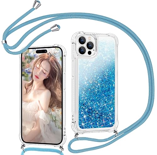 Handyhülle für iPhone 15 Pro Max Hülle mit Band, HandyKette Hülle für iPhone 15 Pro Max Case Transparent Glitzer Bling Flüssigkeits Schutzhülle mit Verstellbarem Umhängeband Stoßfeste Hülle (Blau) Handyhülle für iPhone 15 Pro Max Hülle mit Band, HandyKette Hülle für iPhone 15 Pro Max Case Transparent Glitzer Bling Flüssigkeits Schutzhülle mit Verstellbarem Umhängeband Stoßfeste Hülle (Blau) von Fiyer