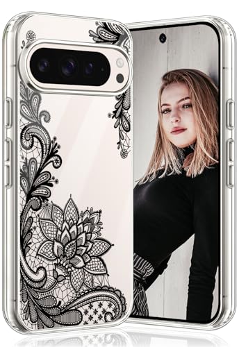 Pixel 9 Pro XL Hülle Ultra Dünn Transparent Original Hülle für Google Pixel 9 Pro XL Case TPU Silikon Handyhülle Pixel 9 Pro XL Hülle mit Blumen Mandala Muster Stoßfest Anti-Kratzer Cover (Schwarz) von Fiyer