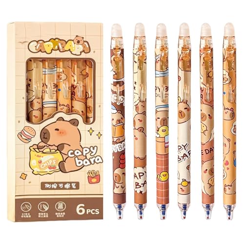 Capybara Stifte, Radierbarer Kugelschreiber, 6pcs Tintenroller Radierbar, 0.5 MM Cartoon Tier Capibara Kugelschreiber Radierbar mit Radiergummi oben für Schule, Büro,Capybara-motto-partygeschenke von Flanliy