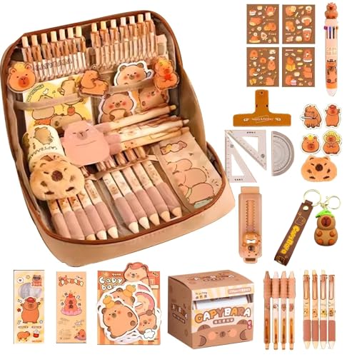 Flanliy 51 Stück Capybara Schreibwaren Set | Federmäppchen Aesthetic Capybara Schreibwaren Sachen MäppchenMit Stiften, Clips, Linealen und Mehr, Süßes Schreibwaren Geschenkset für Kinder von Flanliy