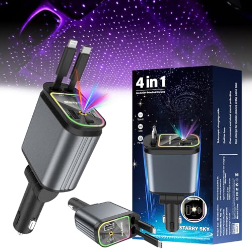 Sternenhimmel Auto Ladegerät 4 in 1 Autoladegerät Sternenhimmel Projektor Auto Handy Ladegerät Einziehbares Auto Ladegerät USB C Schnellladegerät Auto Zubehör (Lila) von Flanliy