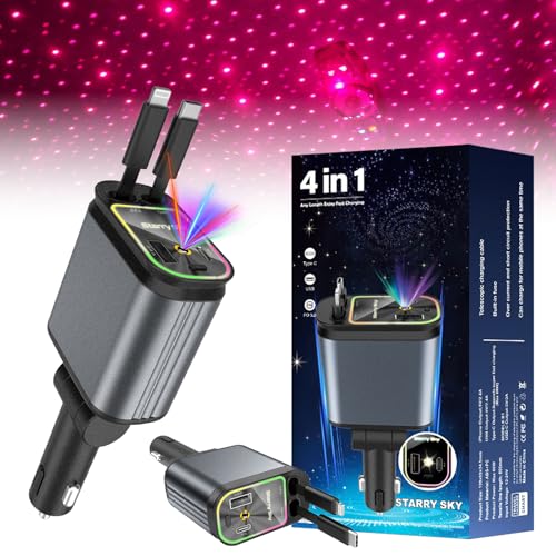 Sternenhimmel Auto Ladegerät 4 in 1 Autoladegerät Zigarettenanzünder USB C Sternenhimmel Einziehbares Projektor Ladegerät Auto Zubehör Zigarettenanzünder Schnellladegerät (Rot) von Flanliy