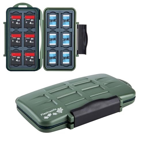 Flashwoife, 12 x SDHC + 24 x Micro SDHC Karten Holder, Aufbewahrung SD Flash Card Case, Speicherkarten Etui Schutzbox, Hülle, spritzwasserfest, olivgrün von Flashwoife