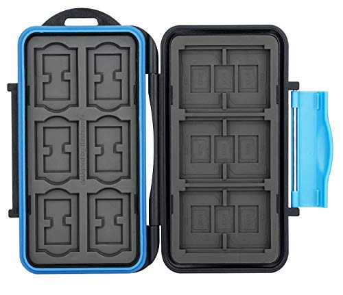 Flashwoife, 3 x CF + 12 x SDHC + 21 x Micro SD Karten Holder, Aufbewahrung SD Flash Card Case, Speicherkarten Etui Schutzbox, Hülle, spritzwasserfest, schwarz - blau von Flashwoife