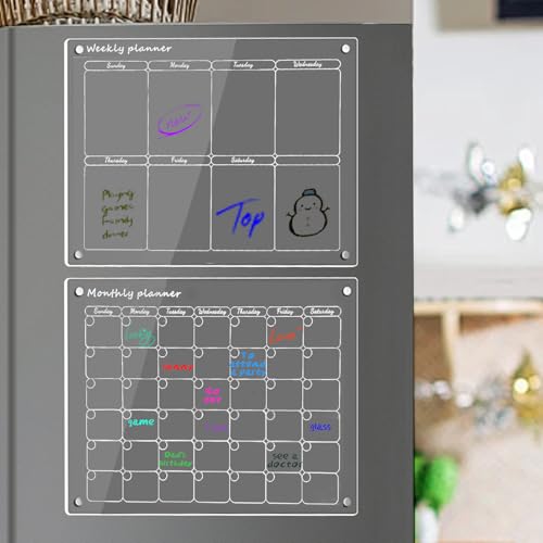 Flearitzo Magnetische Abwischbare Kalender 2 Stück Kühlschrank Acryl Monatsplaner Wochenplaner Kühlschrank ideal als Planer,Terminkalender,Einkaufsliste oder Nachrichtenboard (40x30cm) von Flearitzo