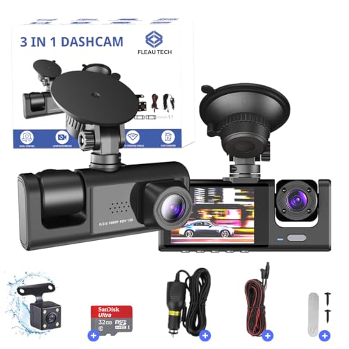 Fleau Tech Dashcam für Auto 3 in 1 – Vorder- und Rückkamera – Bewegungserkennung und Parkmodus – G-Sensor – Full HD – 170°-Weitwinkelobjektiv – Loop-Aufnahme – Micro-SD-Karte 32 GB von Fleau