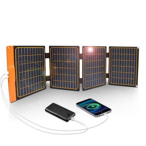 40W Kleines USB Solarpanel Ladegerät, 18W USB-A USB-CPD2.0 Tragbar Faltbar für Notfälle Monokristalline ETFE Panels IP67 Wasserdicht für Camping Wandern Rucksackreisen Outdoor für Handys Tablets von FlexSolar