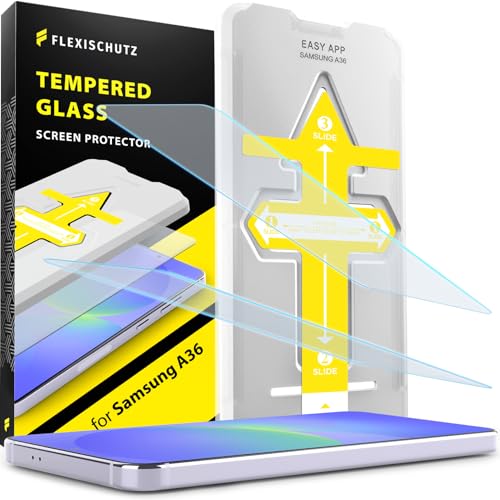 FlexiSchutz® Schutzglas für Samsung Galaxy A36 5G Schutzfolie, Screen Protector, Glas Displayschutzfolie mit Praktischer Installationshilfe, Displayschutz, Glas Folie mit Schablone [2 Stück] von FlexiSchutz
