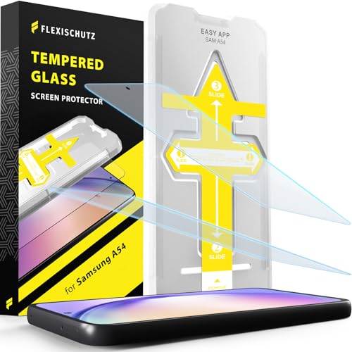 FlexiSchutz® Schutzglas für Samsung Galaxy A54 5G Schutzfolie, Screen Protector, Glas Displayschutzfolie mit Praktischer Installationshilfe, Displayschutz, Glas Folie mit Schablone [2 Stück] von FlexiSchutz