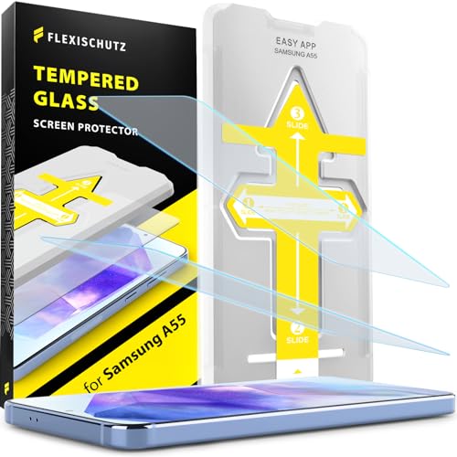 FlexiSchutz® Schutzglas für Samsung Galaxy A55 5G Schutzfolie, Screen Protector, Glas Displayschutzfolie mit Praktischer Installationshilfe, Displayschutz, Glas Folie mit Schablone [2 Stück] von FlexiSchutz