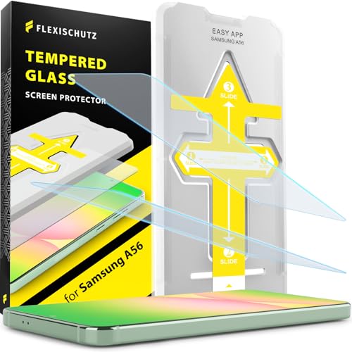 FlexiSchutz® Schutzglas für Samsung Galaxy A56 5G Schutzfolie, Screen Protector, Glas Displayschutzfolie mit Praktischer Installationshilfe, Displayschutz, Glas Folie mit Schablone [2 Stück] von FlexiSchutz