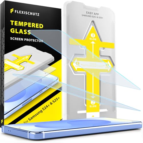 FlexiSchutz® Schutzglas für Samsung Galaxy S24 PLUS/ S25 PLUS Schutzfolie, Screen Protector, Glas Displayschutzfolie mit Praktischer Installationshilfe Displayschutz Glas Folie mit Schablone [2 Stück] von FlexiSchutz
