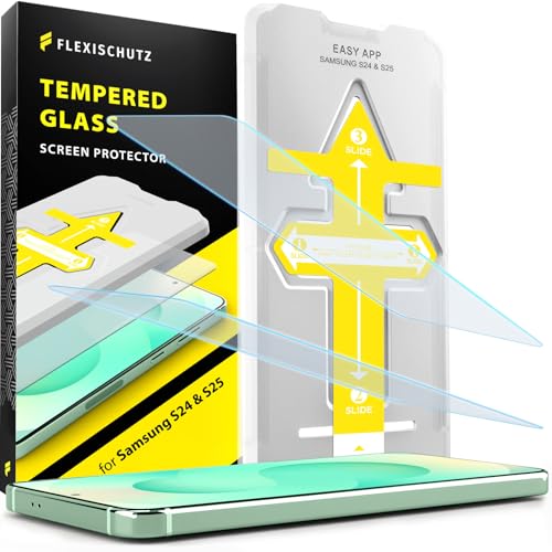 FlexiSchutz® Schutzglas für Samsung Galaxy S24/S25 Schutzfolie, Screen Protector, Glas Displayschutzfolie mit Praktischer Installationshilfe, Displayschutz, Glas Folie mit Schablone [2 Stück] von FlexiSchutz