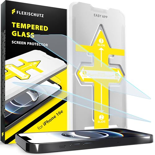 FlexiSchutz Schutzglas für iPhone 16e Schutzfolie, Screen Protector, Glas Displayschutzfolie mit praktischer Installationshilfe, Glas Folie mit Schabone, Displayschutz [2 Stück] von FlexiSchutz