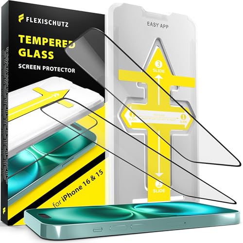 FlexiSchutz Schutzglas für iPhone 15 & iPhone 16 Schutzfolie, Screen Protector, Glas Displayschutzfolie mit praktischer Installationshilfe, Glas Folie mit Schabone, Displayschutz [2 Stück] von FlexiSchutz