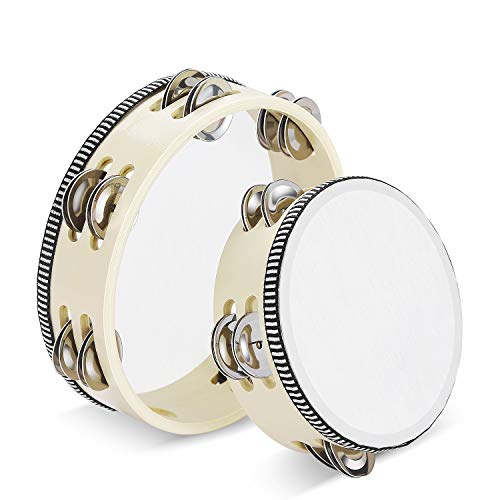 Flexzion 2 Stück Holz Handheld Tamburine - 8 + 6 Zoll Set mit zweireihigen Metall Jingle Bell (Holz) Hand Tamburin Percussion Drum Moon Musikinstrument von Flexzion