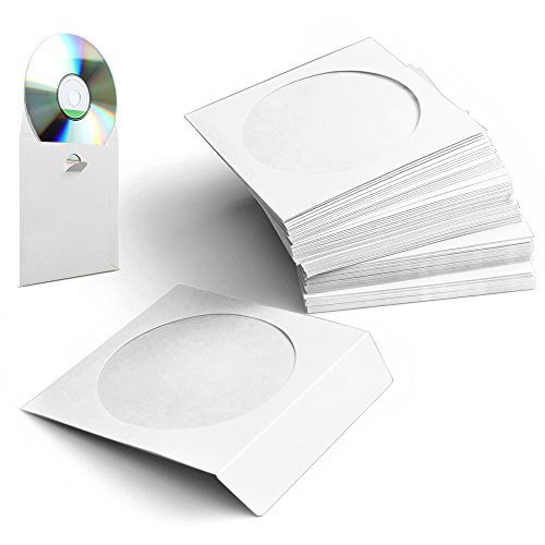 Flexzion CD Hüllen aus Papier, CD Papierhüllen mit Fenster - 100 Stück, Dicke Hülle für CD & DVD, Medienaufbewahrung, CD Schutzhüllen mit Lasche & Folienfenster, Farbe auf der Innen-/Außenseite, Weiß von Flexzion