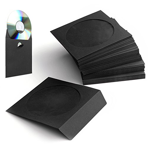 Flexzion CD Hüllen aus Papier, CD Papierhüllen mit Fenster - 100 Stück, Hülle für CD & DVD, Medienaufbewahrung, CD Schutzhüllen mit Lasche & Folienfenster, Farbe auf der Innen-/Außenseite, Schwarz von Flexzion